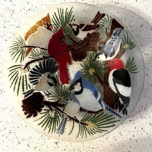 Peggy Karr Fused Glass Bowl Vintage Winter Birds 8.5” Cardinal Blue Jay Woodpeck